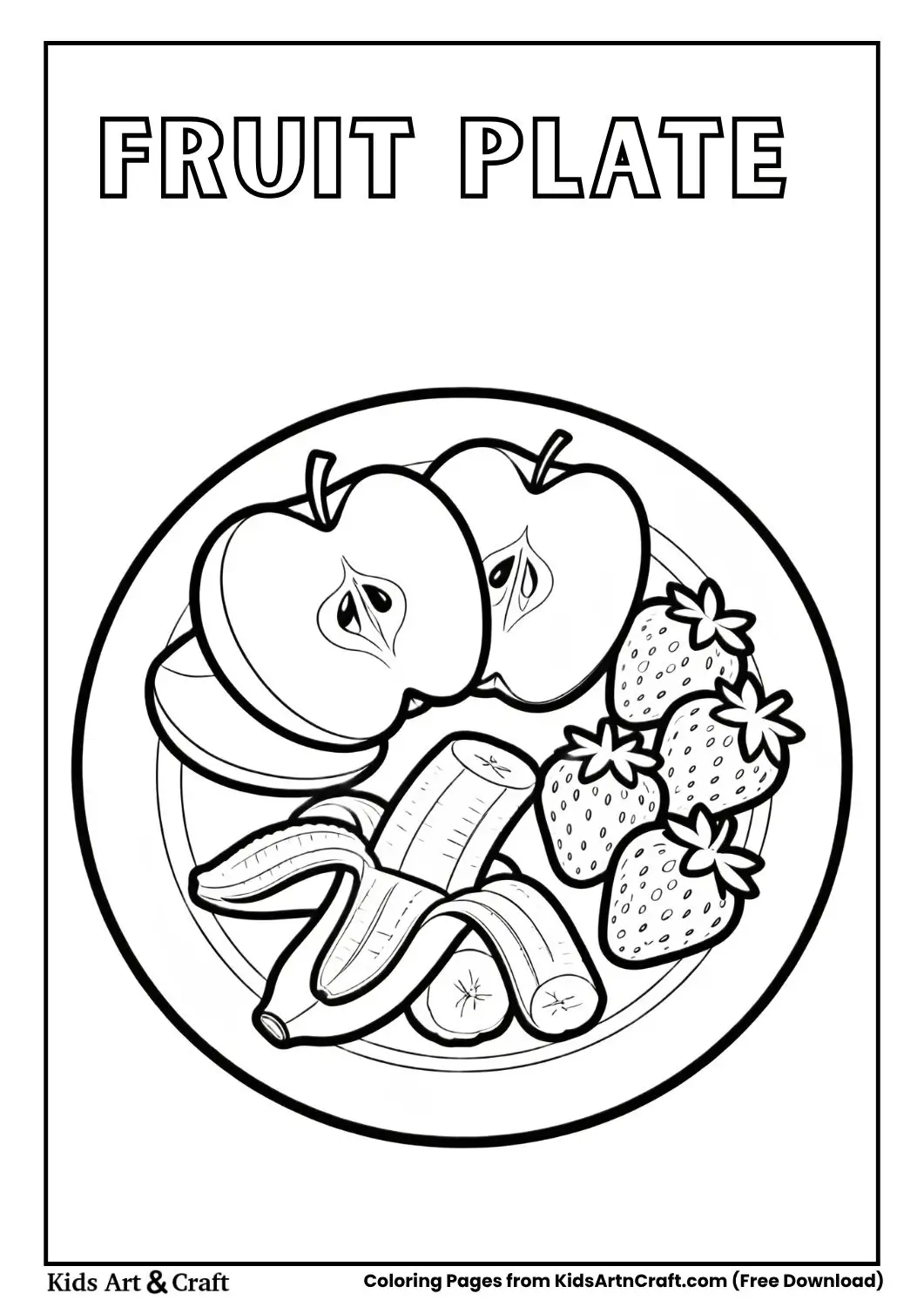 Black and white coloring page of a plate with apple slices, bananas, and strawberries
