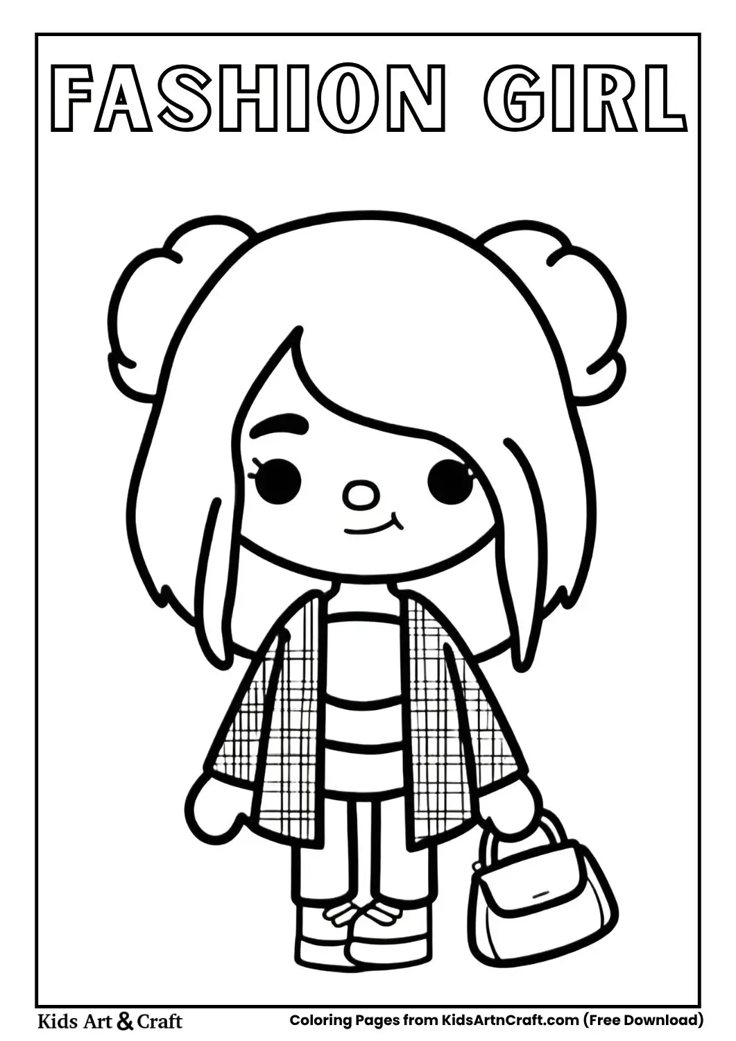 Cartoon girl in plaid jacket holding a purse with grid background