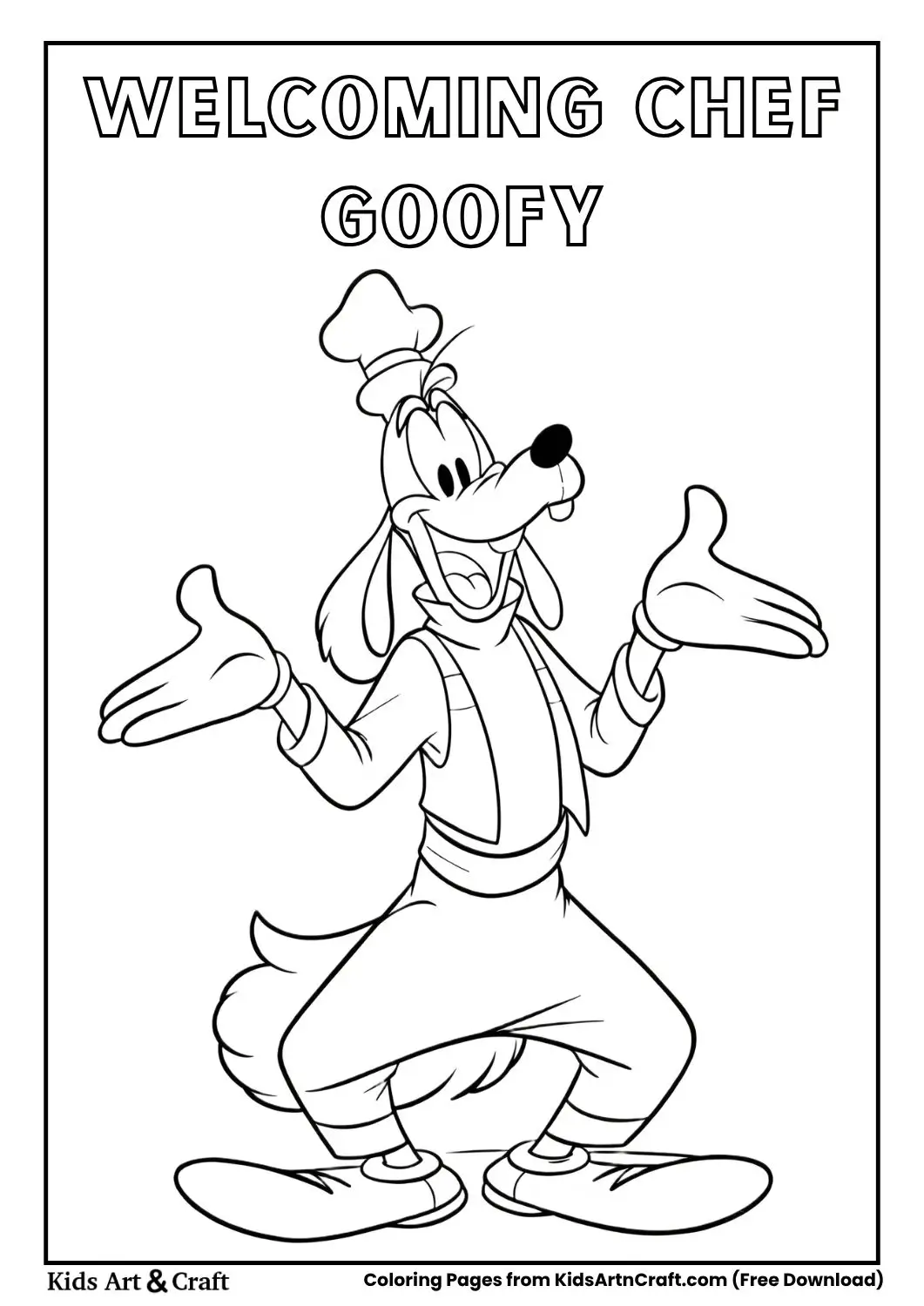 Goofy in chef attire with arms outstretched in a welcoming gesture
