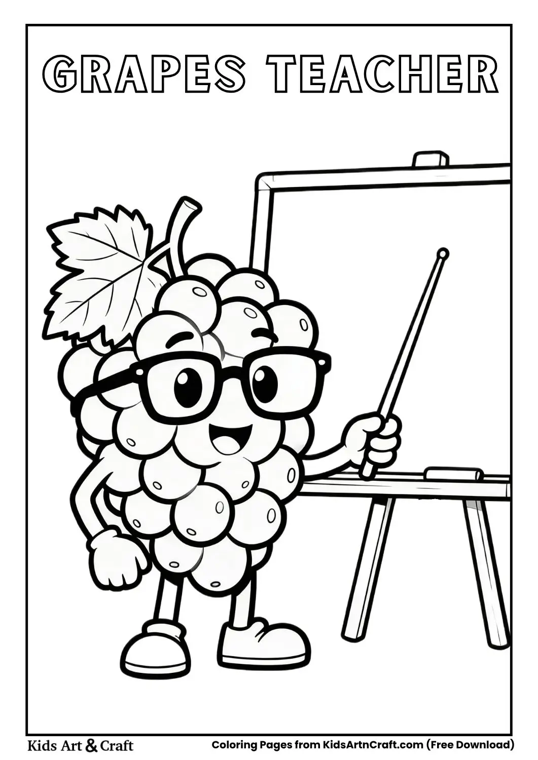 Cartoon grapes wearing glasses teaching with chalkboard coloring page 