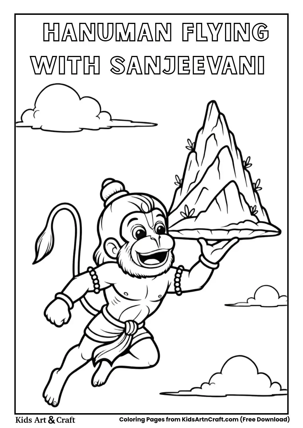 Baby Hanuman flying with Sanjeevani mountain coloring page for kids