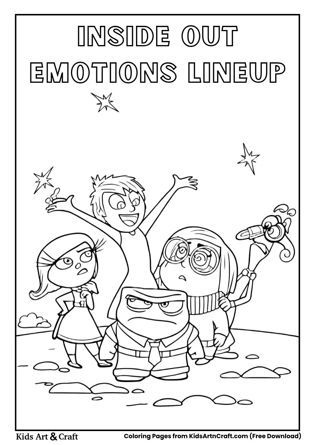 Five Inside Out characters standing with different expressions