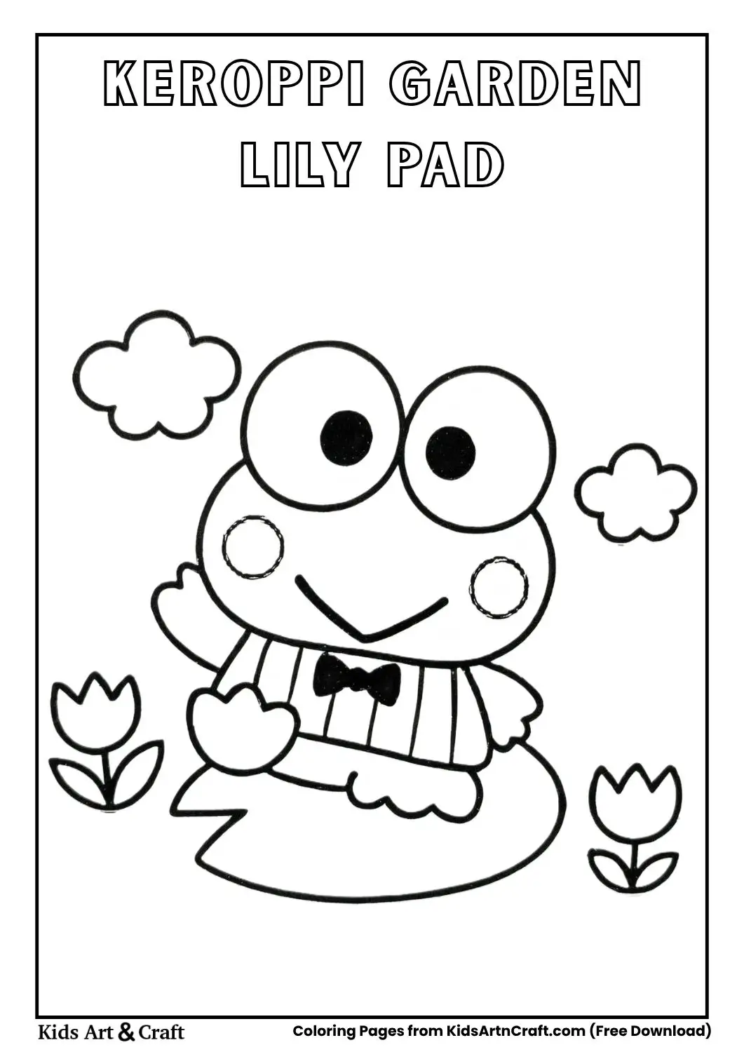 Keroppi sitting on a lily pad with tulips and clouds