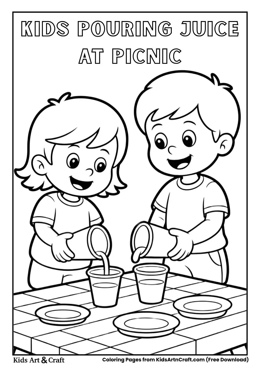 Kids pouring juice at picnic coloring page