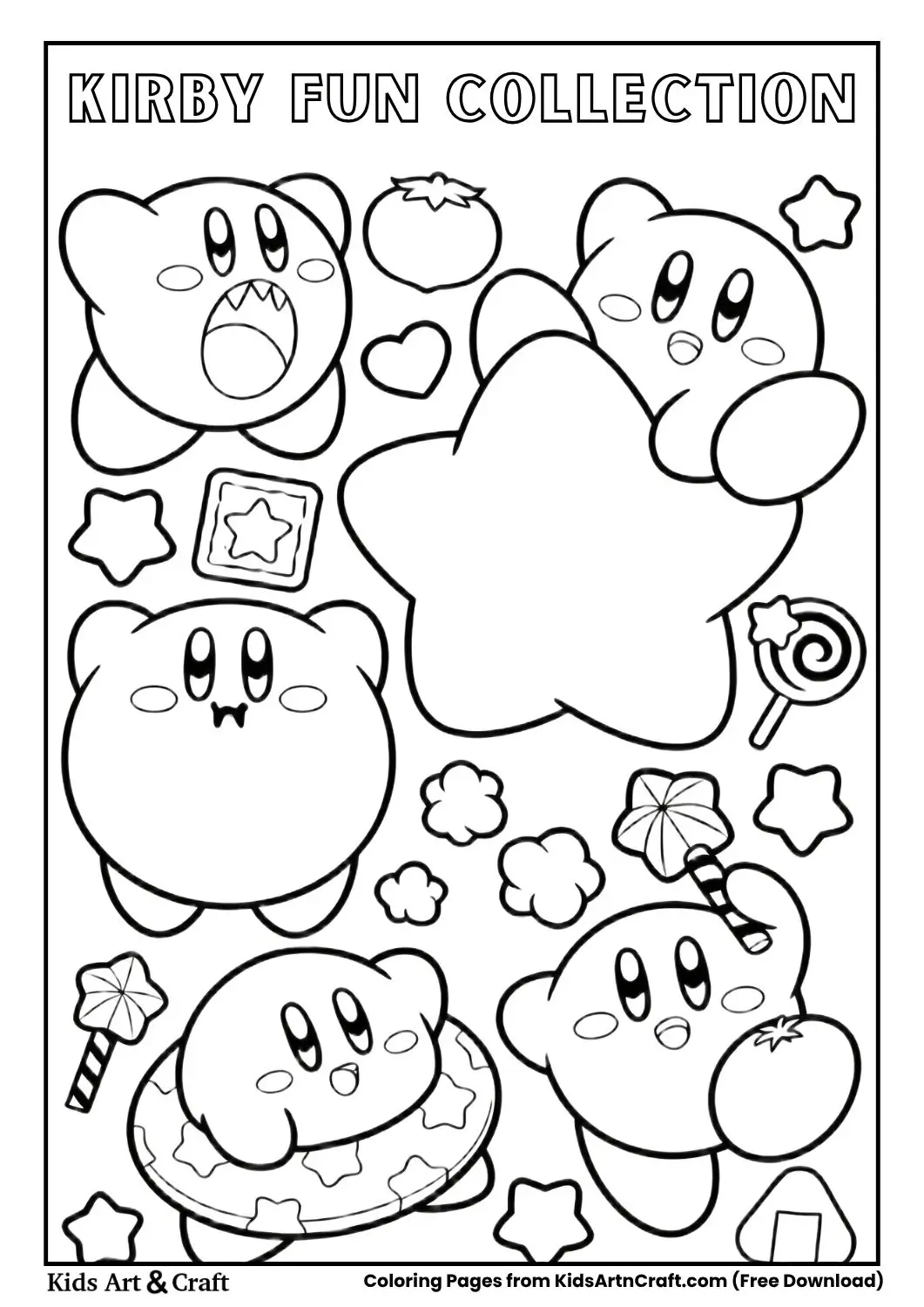 Multiple Kirby characters with candy, stars, and playful elements