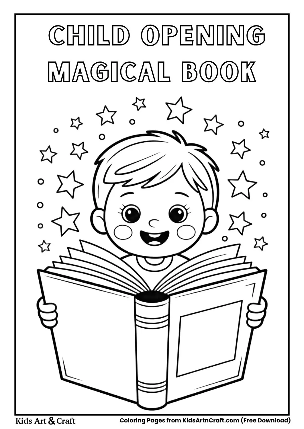black and white coloring page of child opening a book with stars coming out