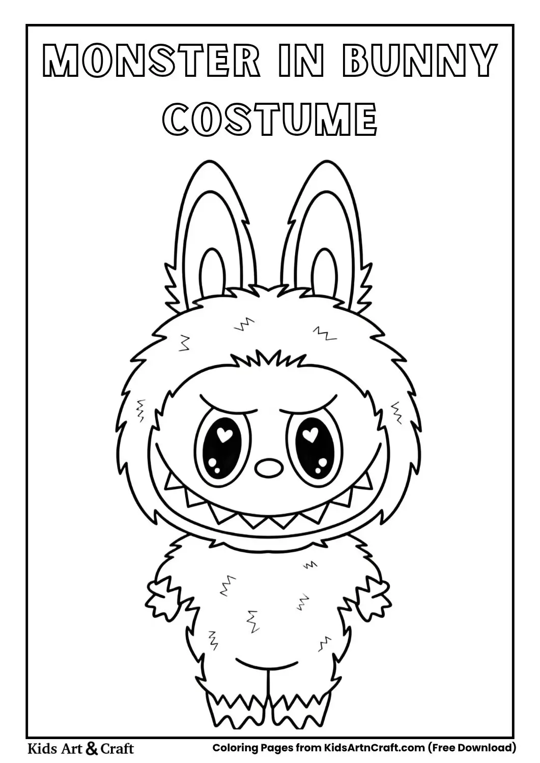 Fluffy cartoon monster with bunny costume and heart-shaped pupils