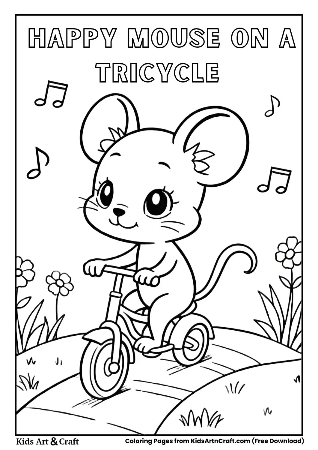 Cartoon mouse riding a tricycle with flowers and music notes