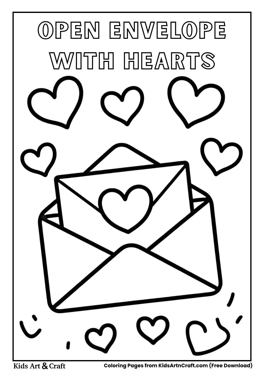 Open envelope with hearts coming out coloring page