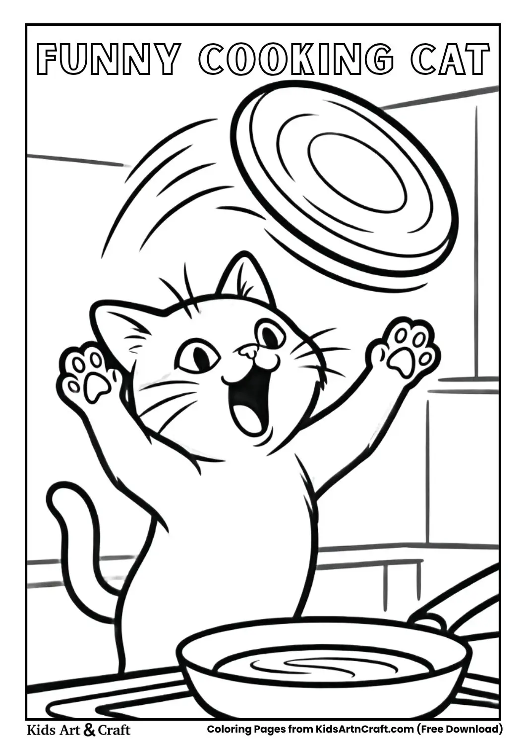 Cat cooking pancakes flipping them to the ceiling coloring page