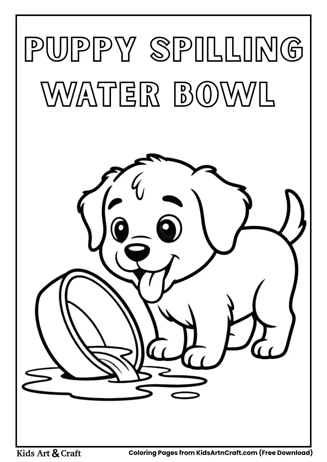 Cute puppy knocking over a water bowl and spilling water coloring page