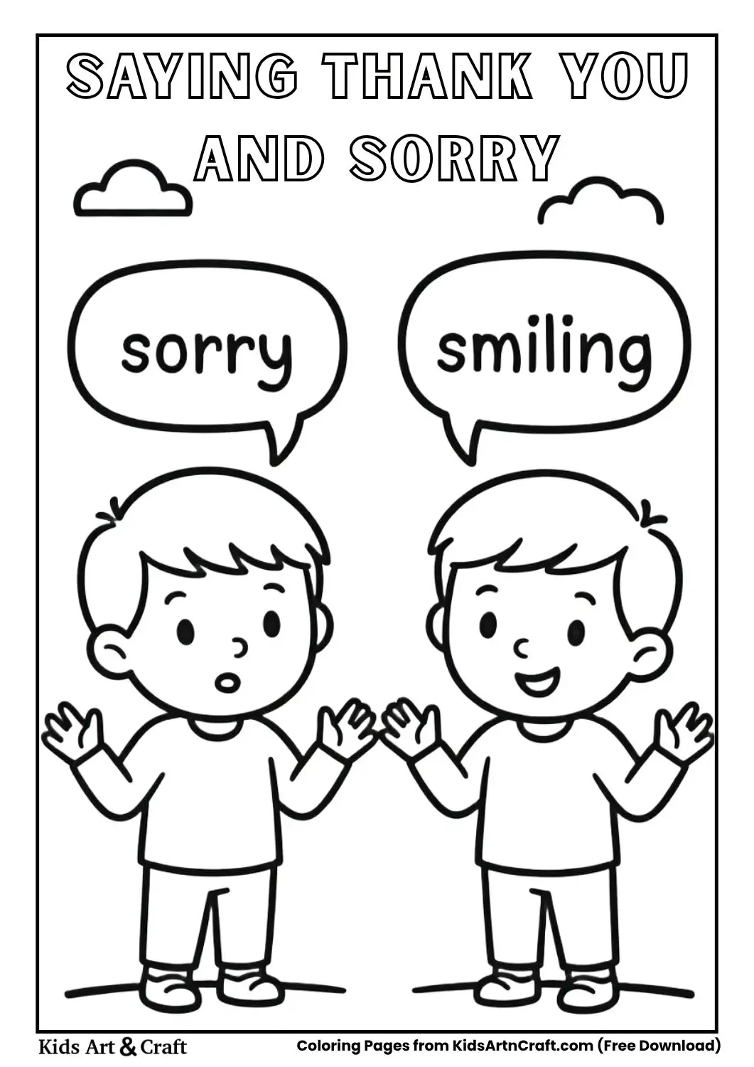 Kids colouring page showing children saying thank you and sorry in simple black and white line art