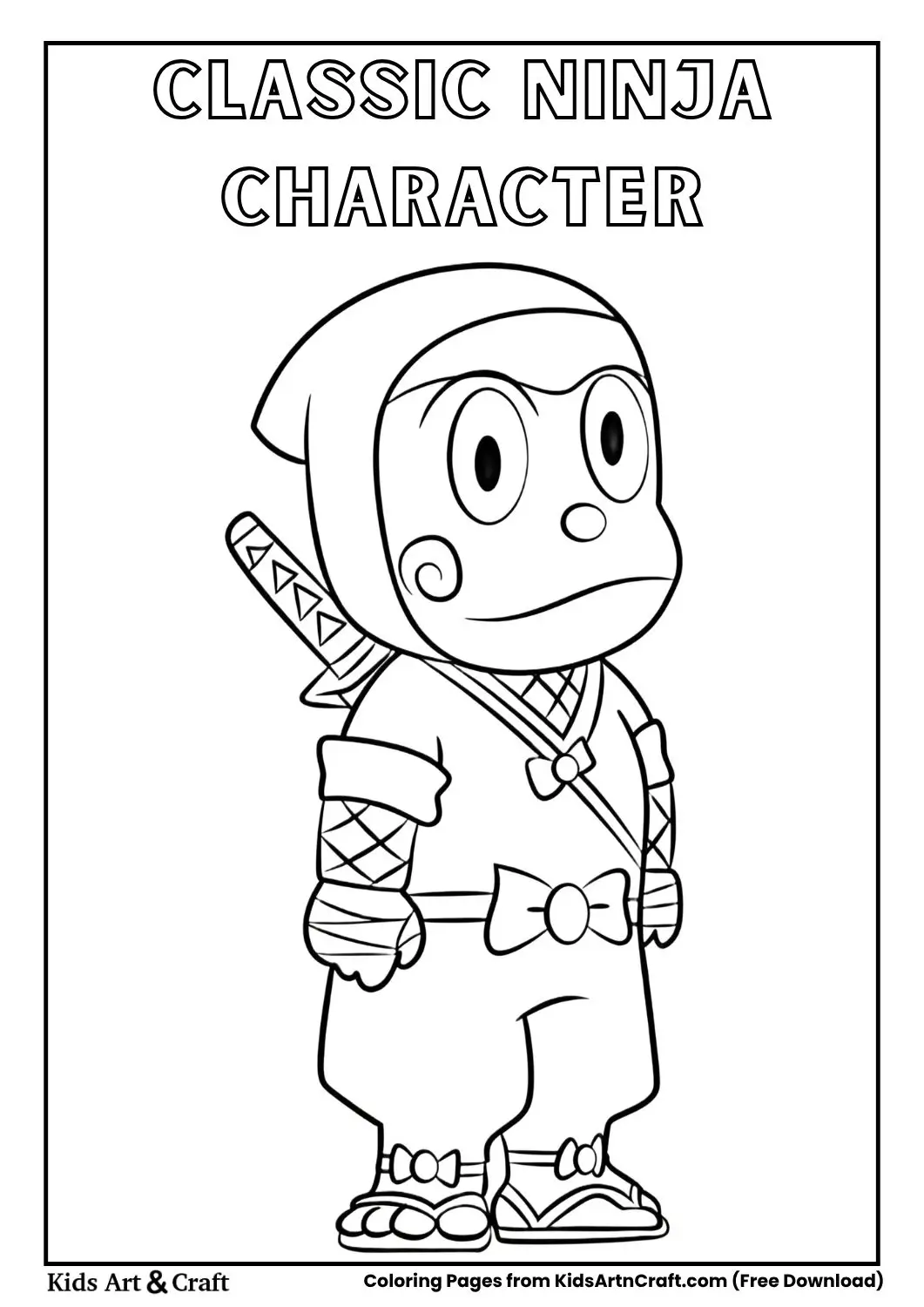 Cartoon ninja standing with sword on back