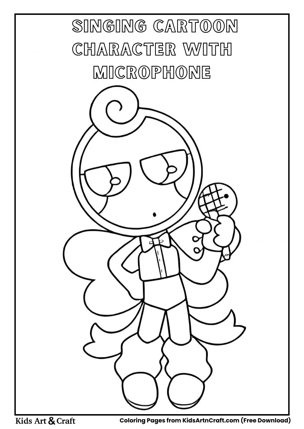 cartoon character holding microphone with music notes background