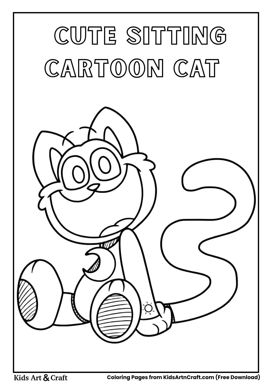 Sitting cartoon cat with striped paws coloring page
