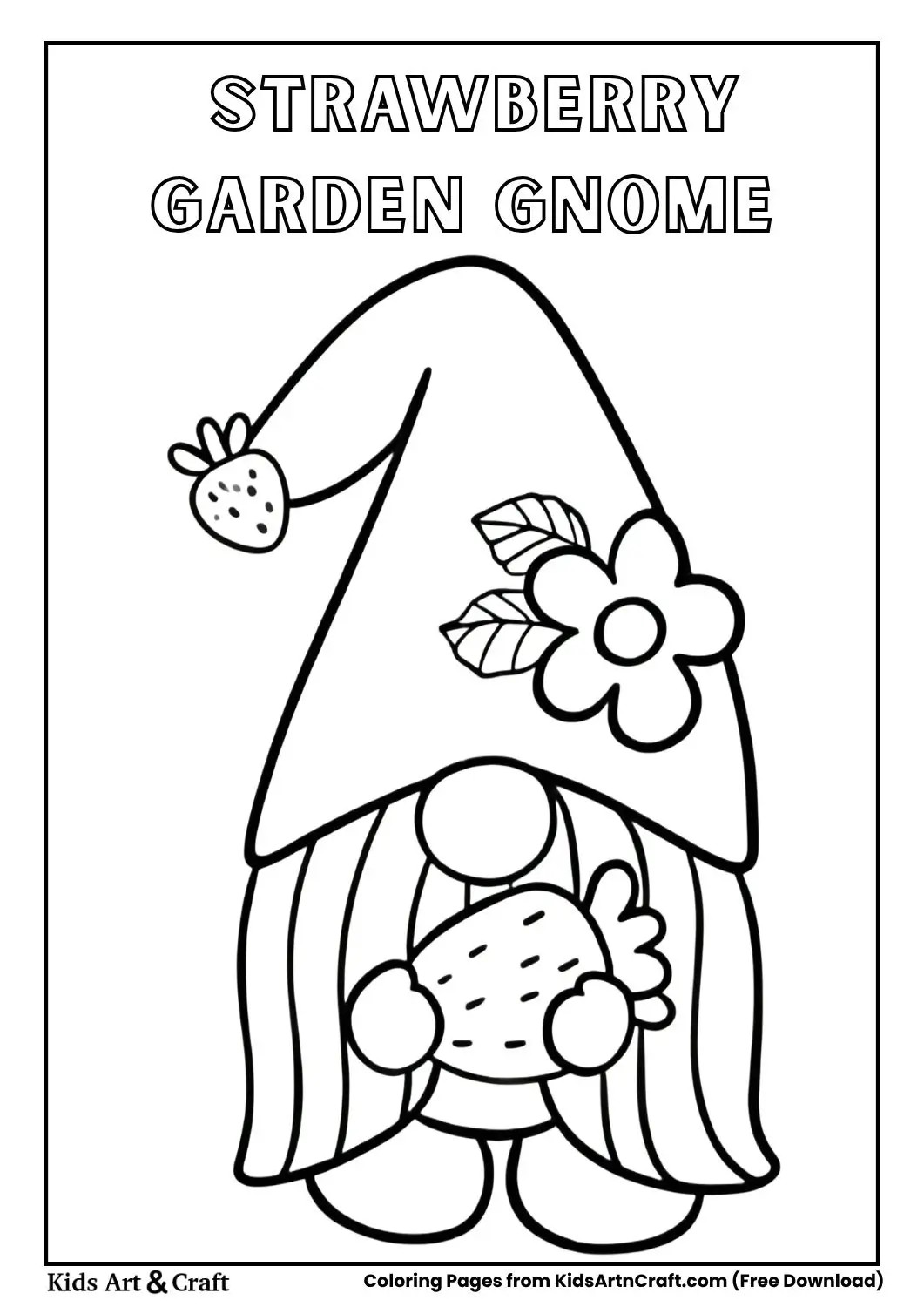 Gnome with strawberry and flower hat holding a strawberry