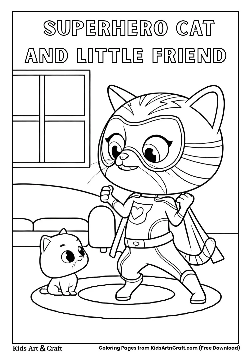 Two cartoon cats in a room with one dressed as superhero and the other watching coloring page