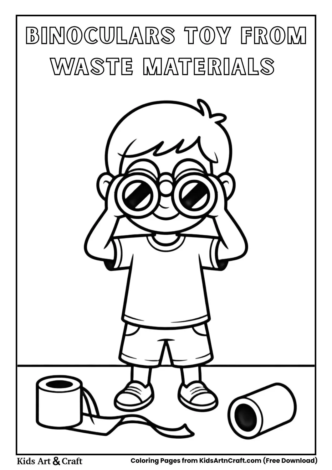 kid making binoculars from toilet paper rolls coloring page line art