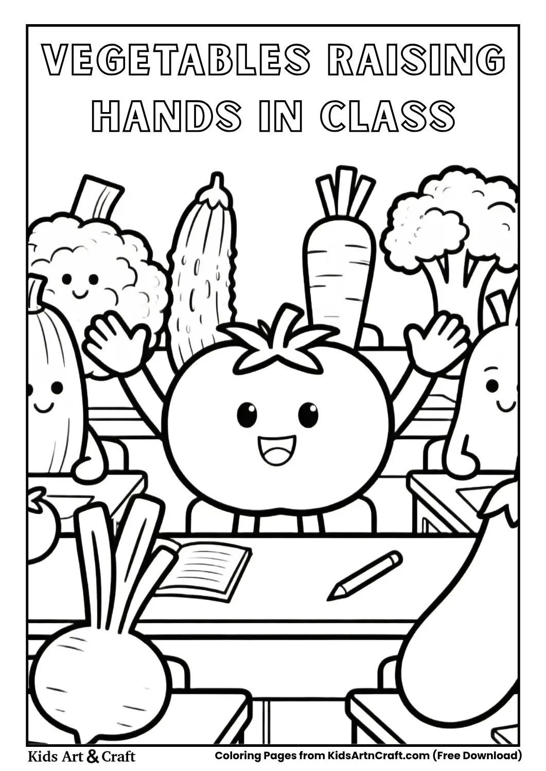 group of vegetables raising hands in classroom coloring page