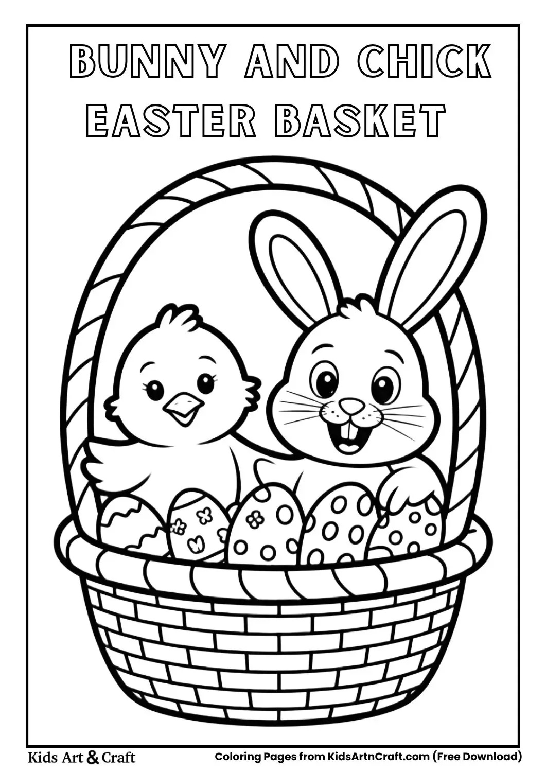 Easter basket with bunny and chick inside coloring page