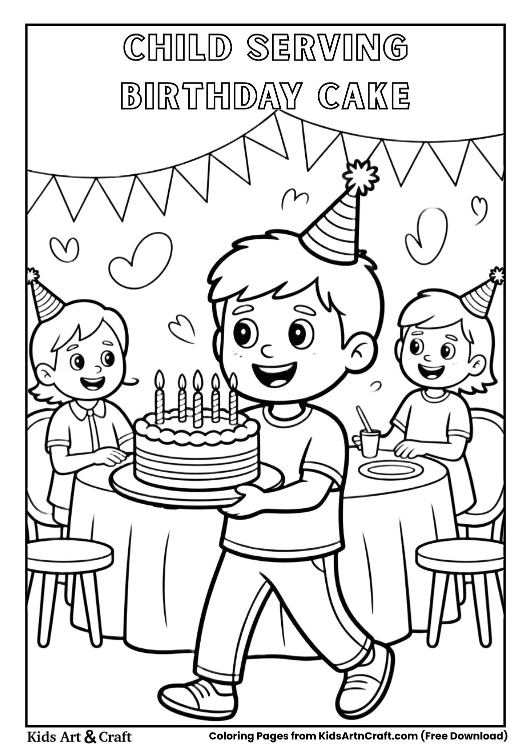 Child serving birthday cake party coloring page