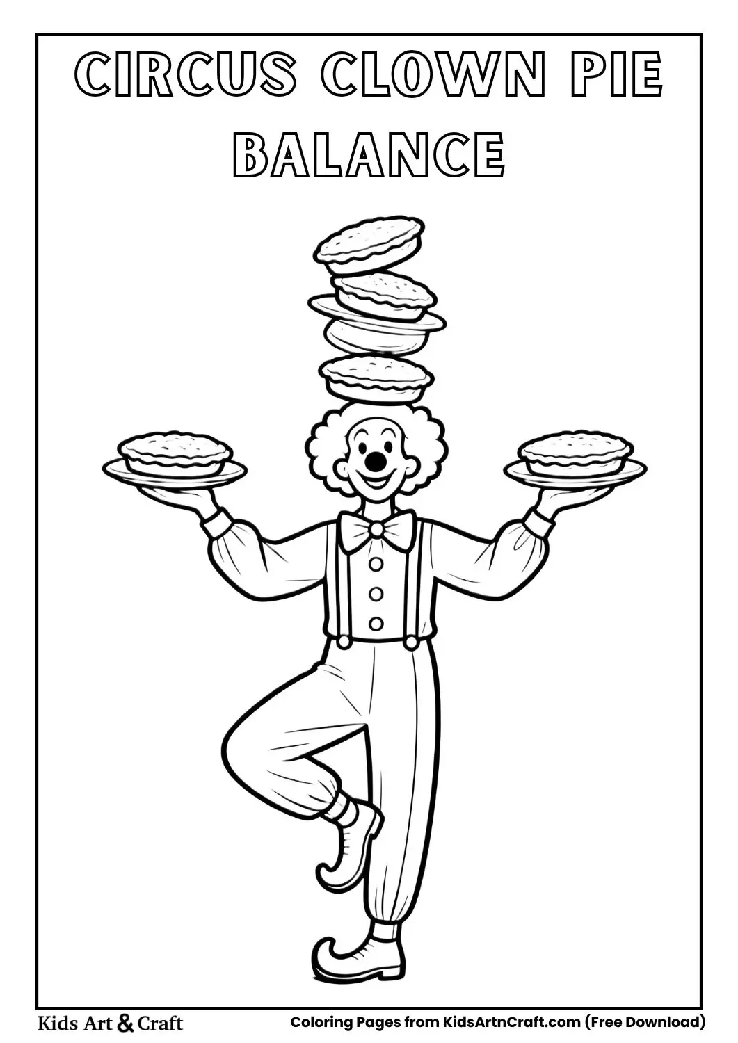 Circus clown balancing pies on his head while standing on one foot
