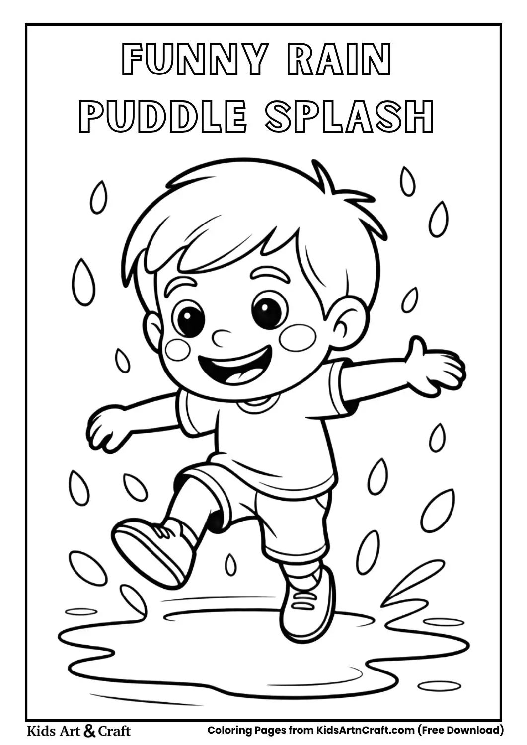 Child splashing in a rain puddle black and white coloring page