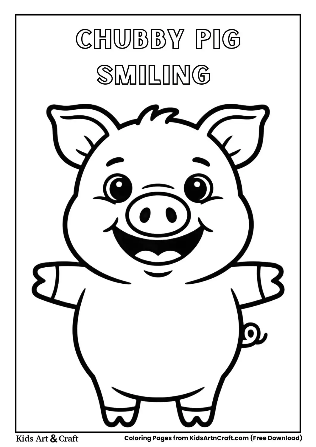 Cute chubby pig smiling black and white coloring page