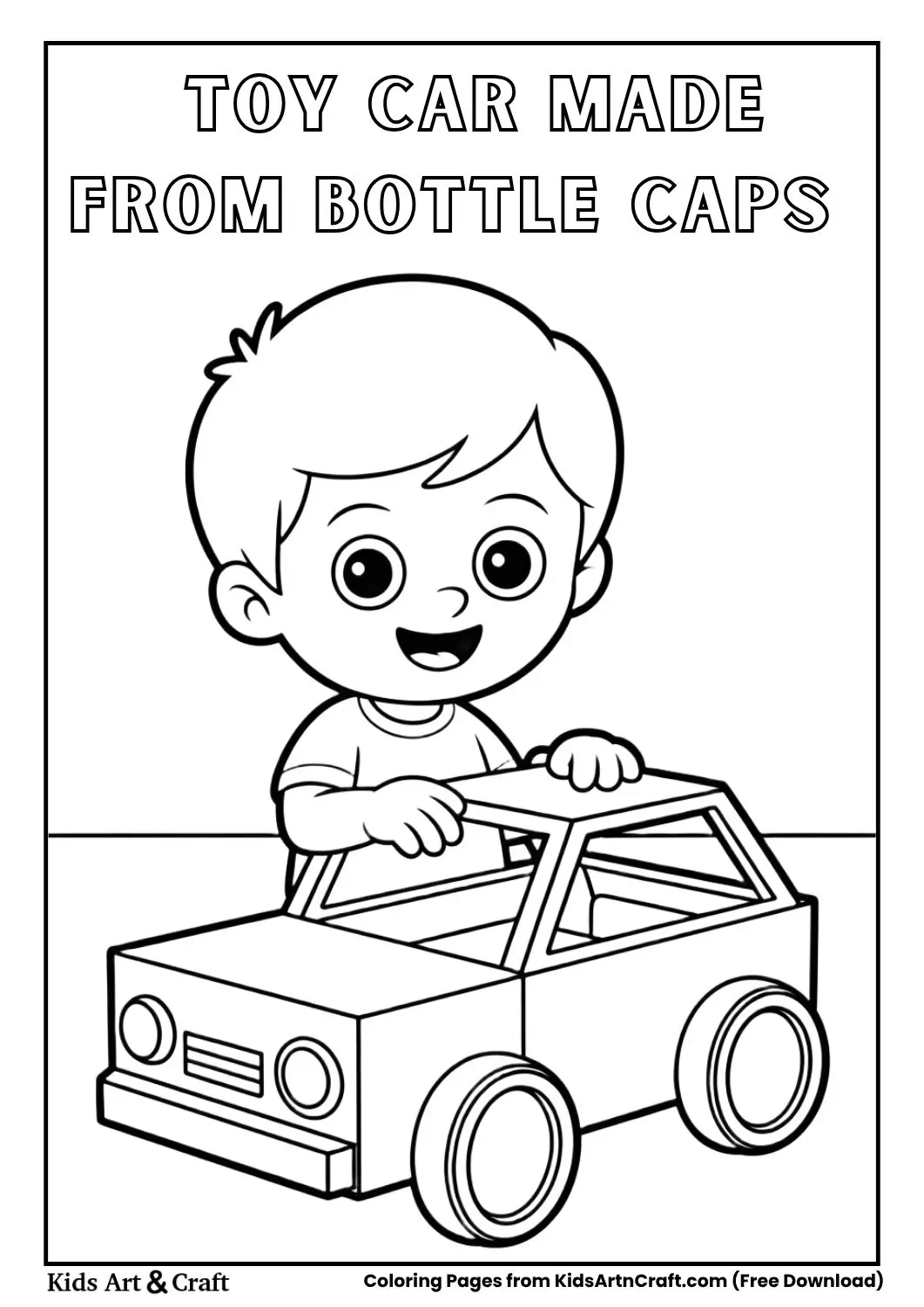 child making toy car using bottle caps simple coloring page