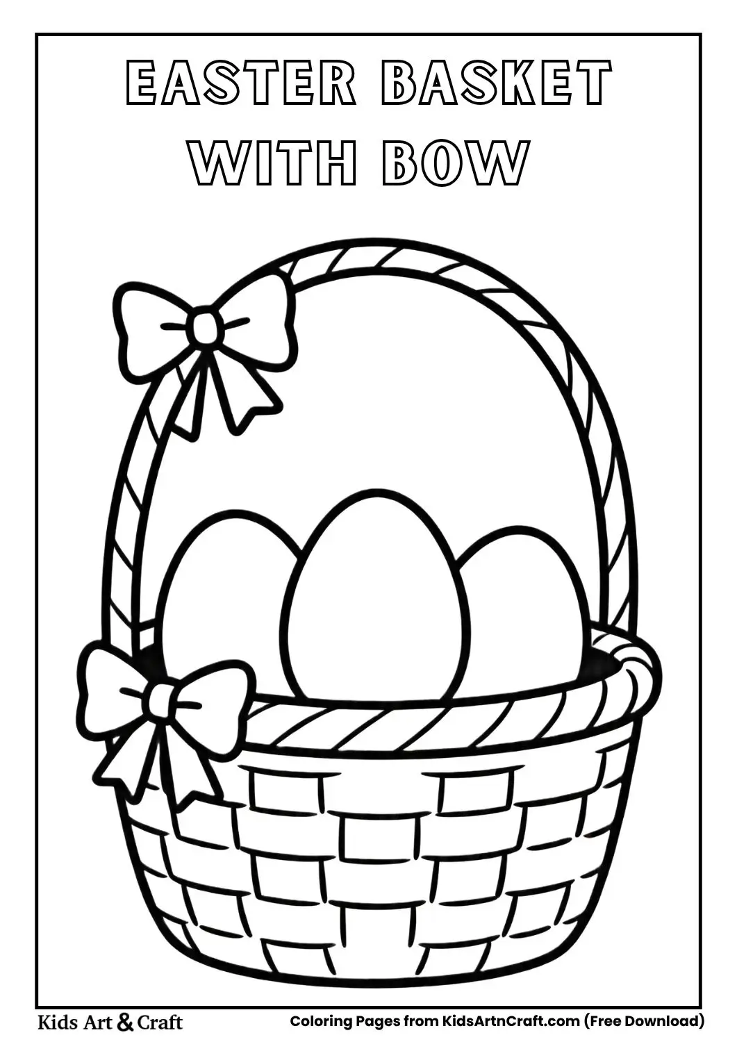 Cartoon Easter basket with bow and eggs coloring page
