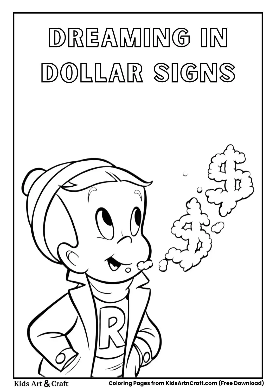 Boy exhaling smoke shaped like dollar signs