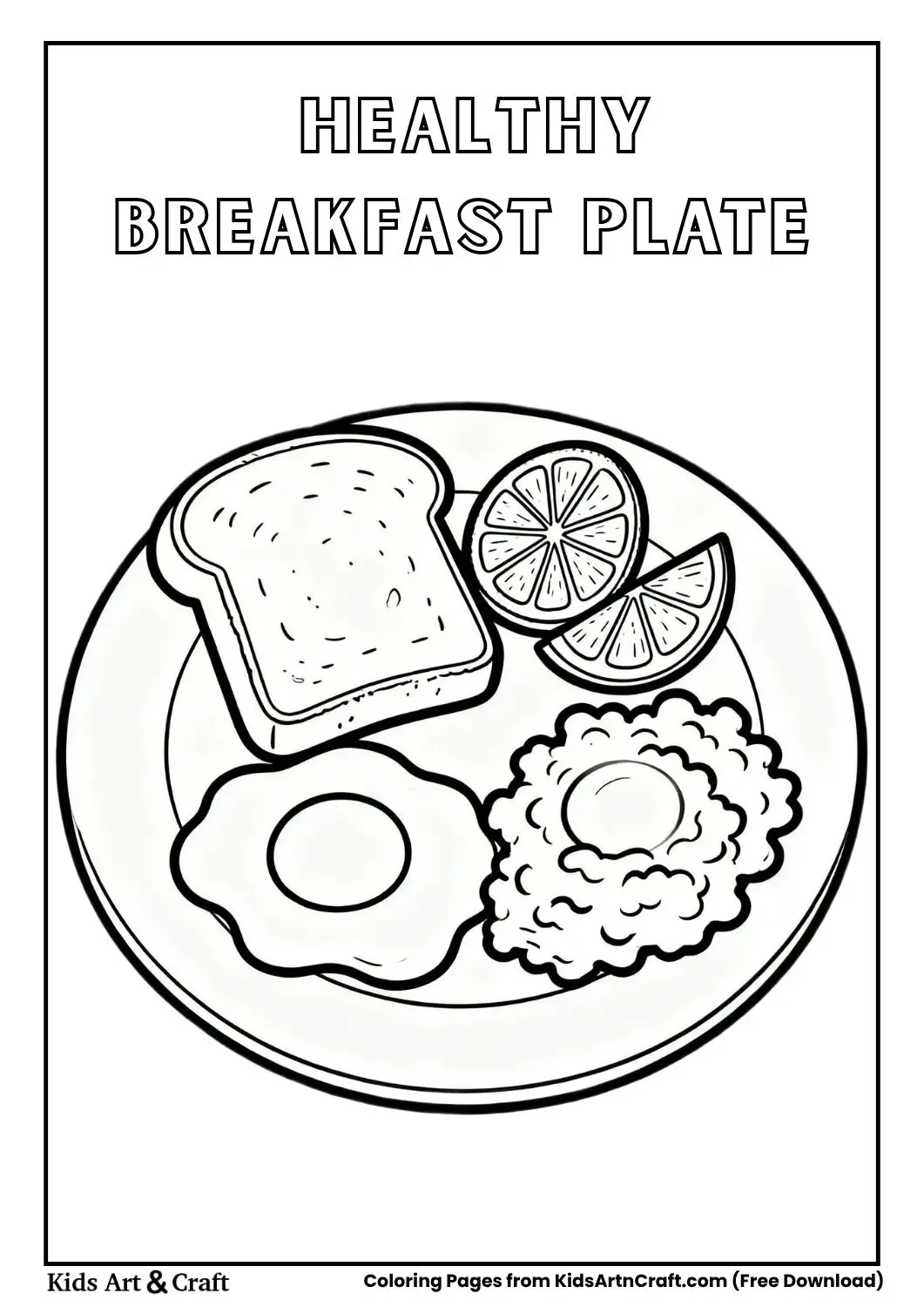 Black and white coloring page of a breakfast plate with scrambled eggs, toast, and orange slices