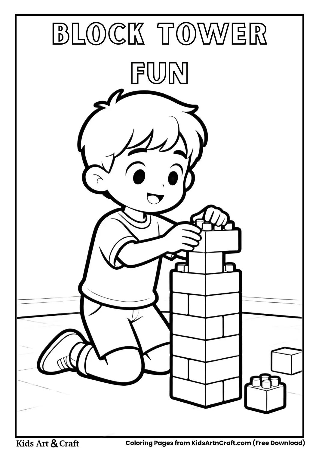 Kid building a block tower coloring page