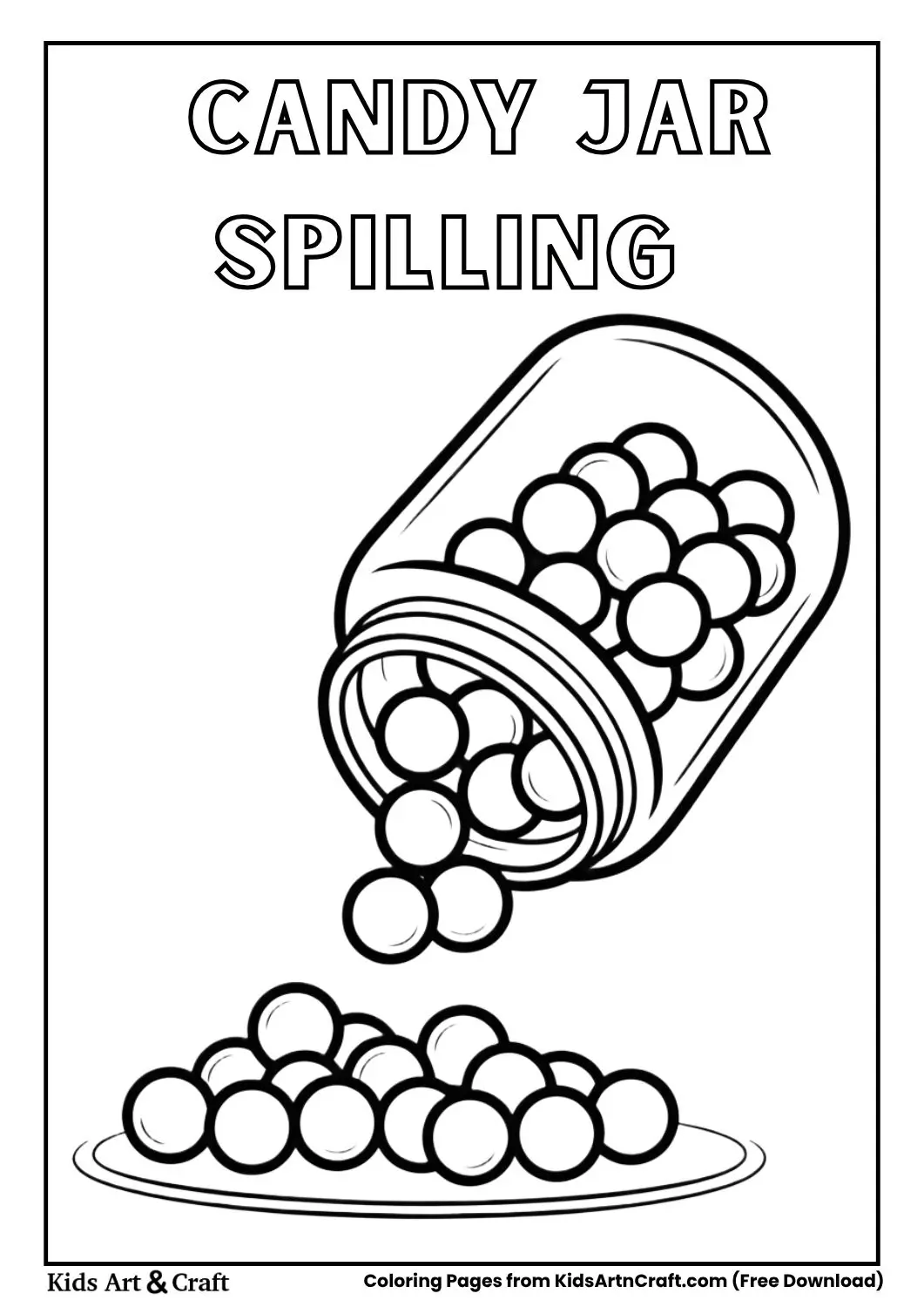 Jar of candies tipping and candies spilling in a pile coloring page