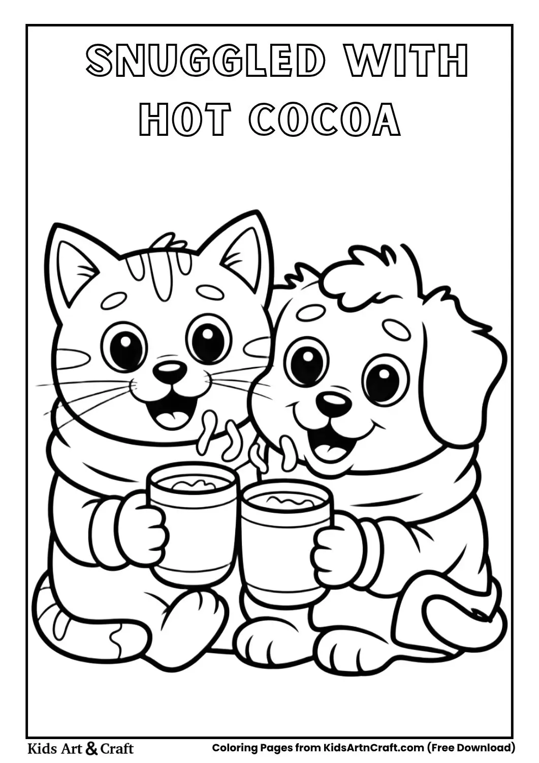 Cartoon cat and puppy under blanket holding hot chocolate mugs