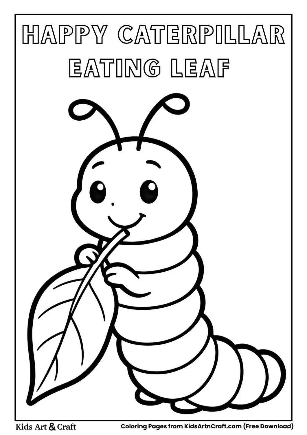 Happy caterpillar eating a leaf, simple lines, black and white coloring page for children