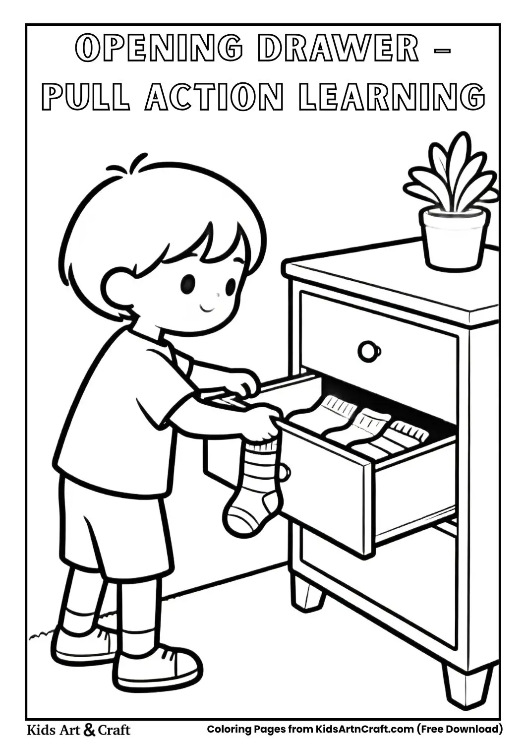 child pulling drawer taking socks coloring page