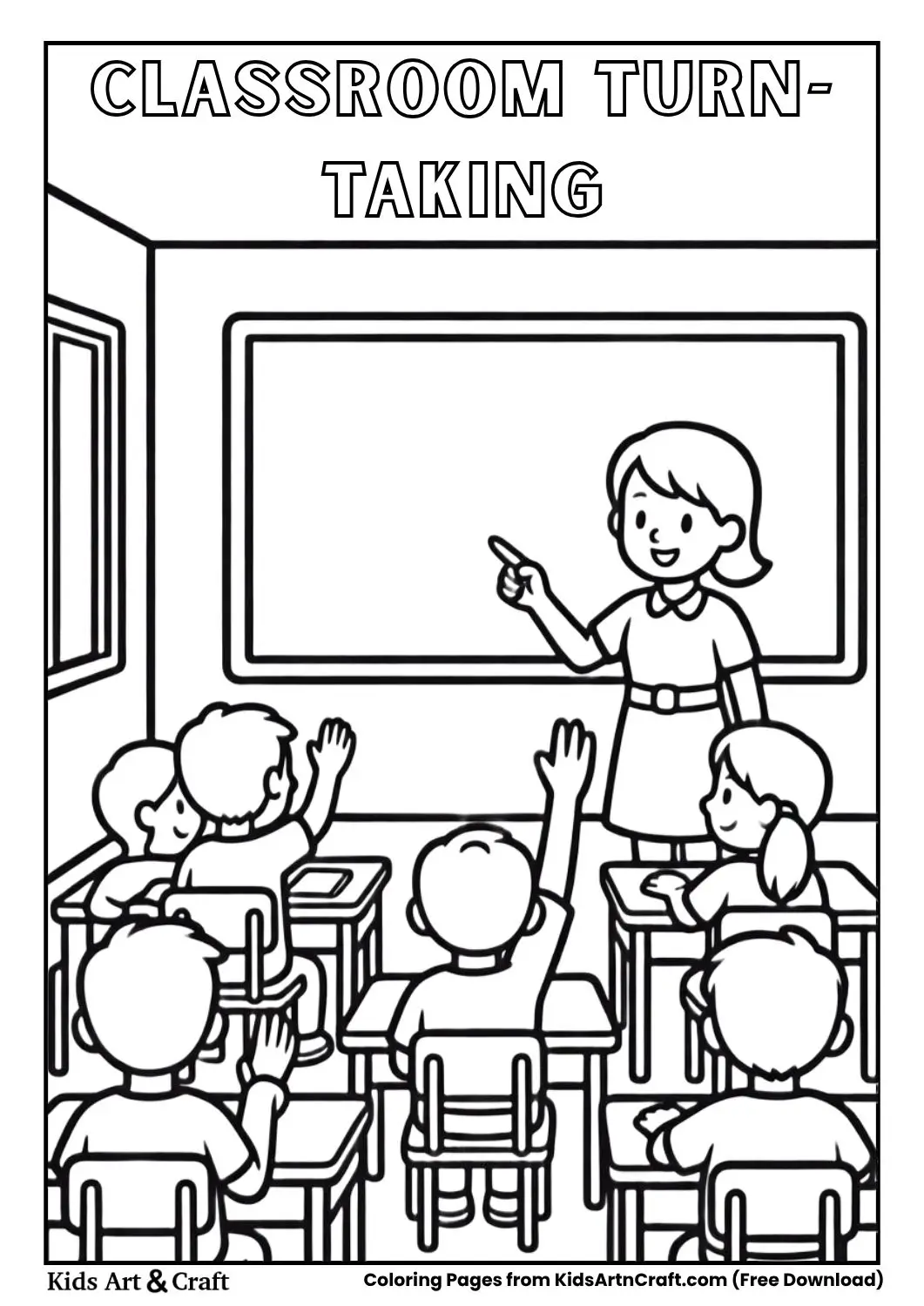 Classroom scene colouring page with children raising hands and teacher choosing a student in black and white