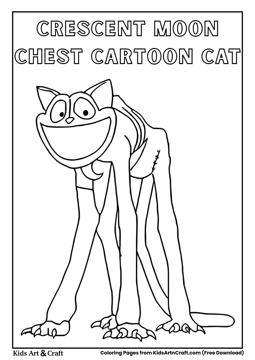 Cartoon cat with crescent moon symbol on chest coloring page