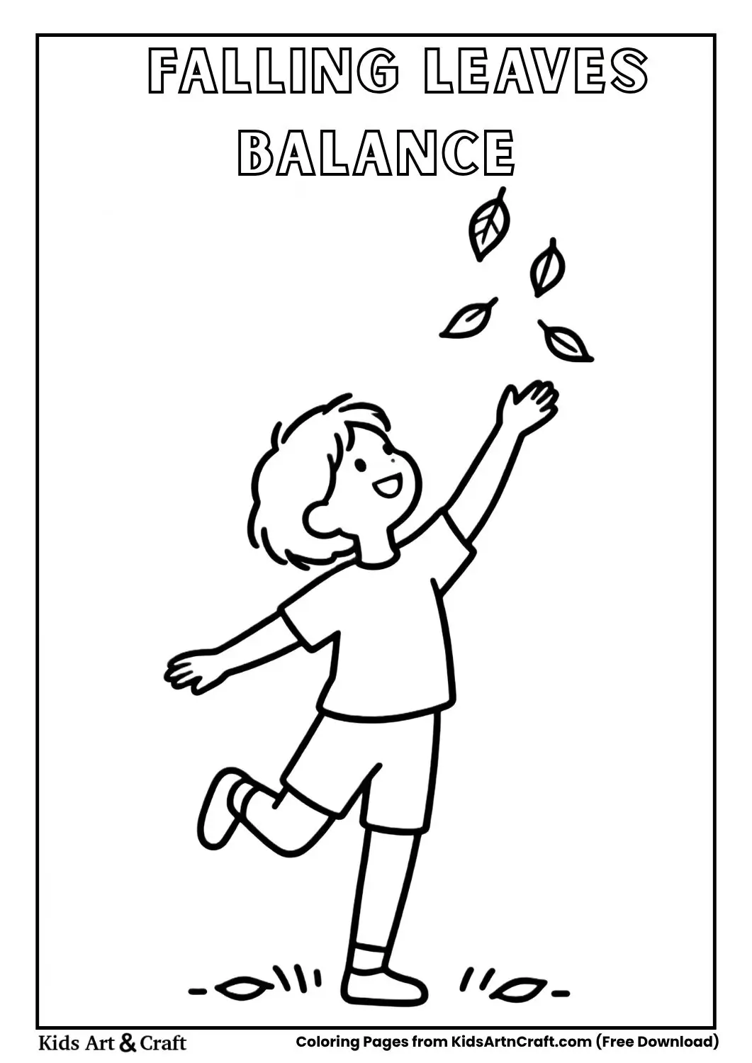 Child balancing on one foot catching autumn leaves