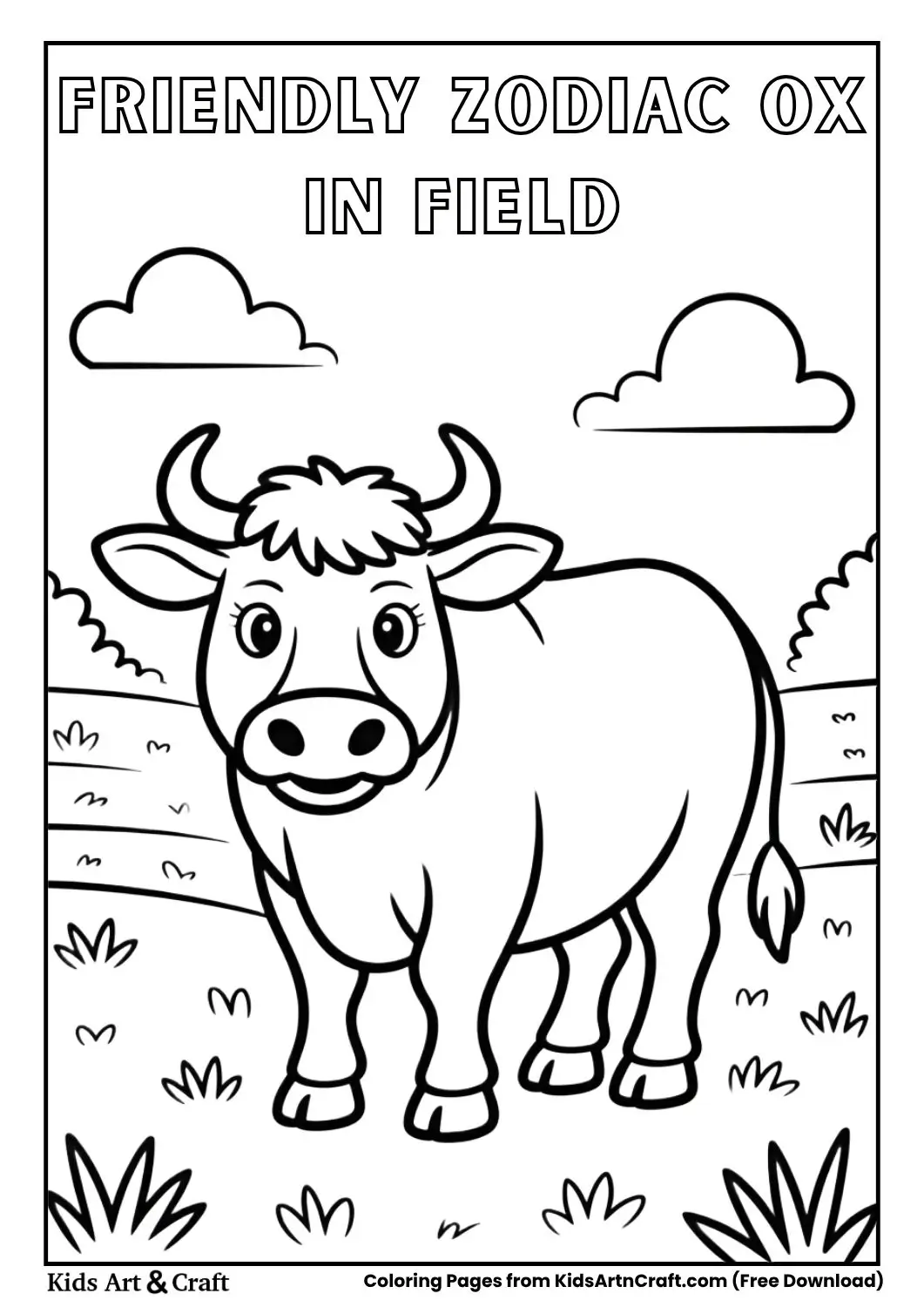Cartoon ox standing in field black and white coloring page for kids