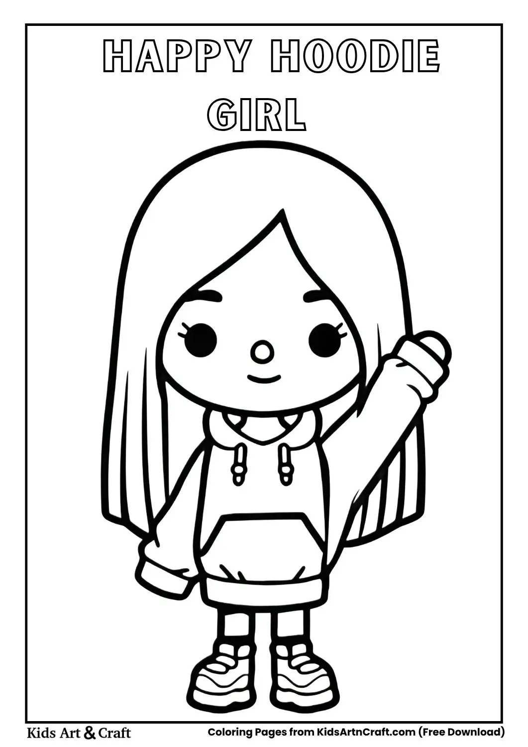 Cartoon girl with long hair wearing hoodie and raising one arm
