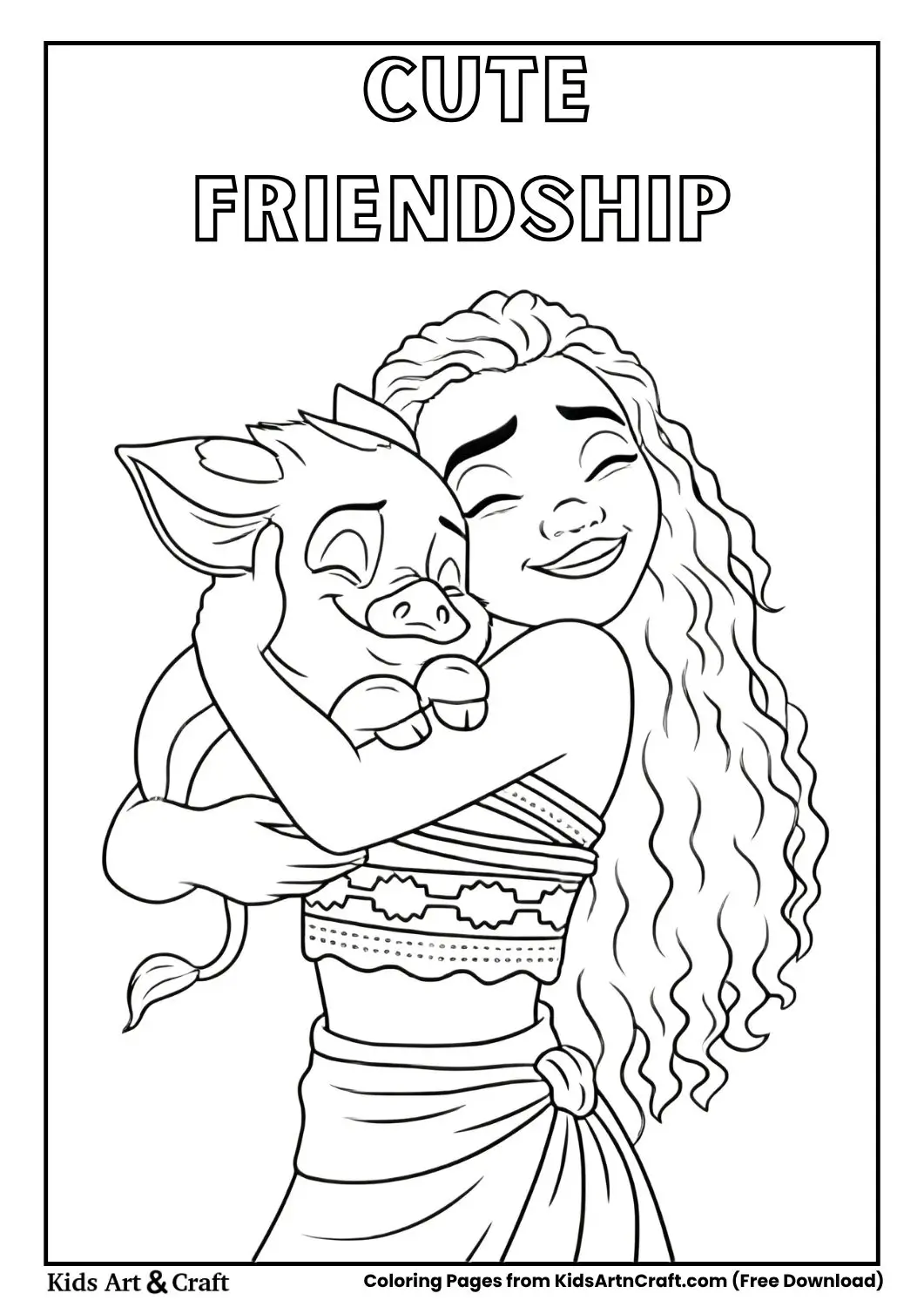 Smiling girl hugging a happy pig with closed eyes