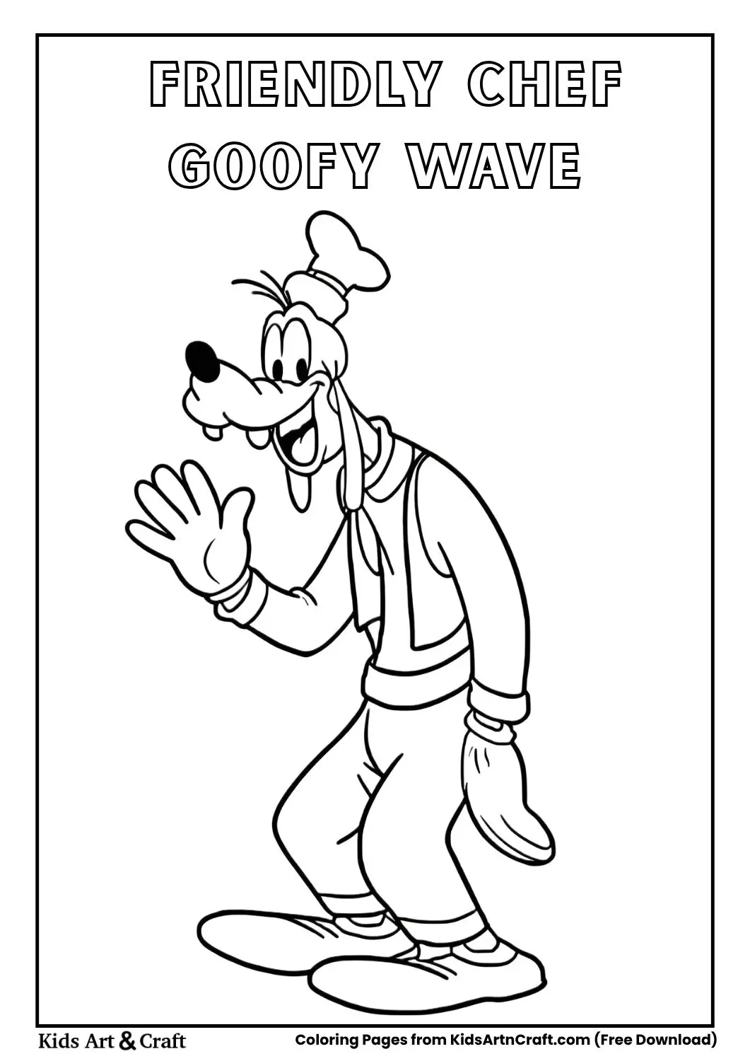 Goofy waving while wearing a chef hat and smiling