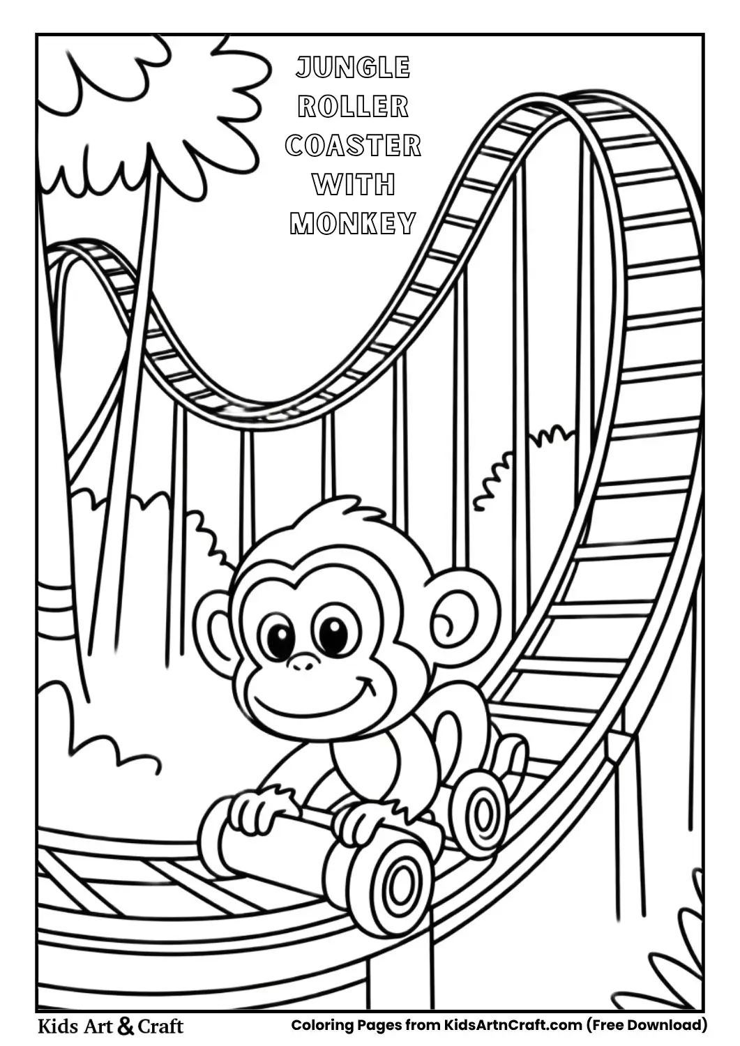 Roller coaster in jungle with trees and a monkey, black and white coloring page