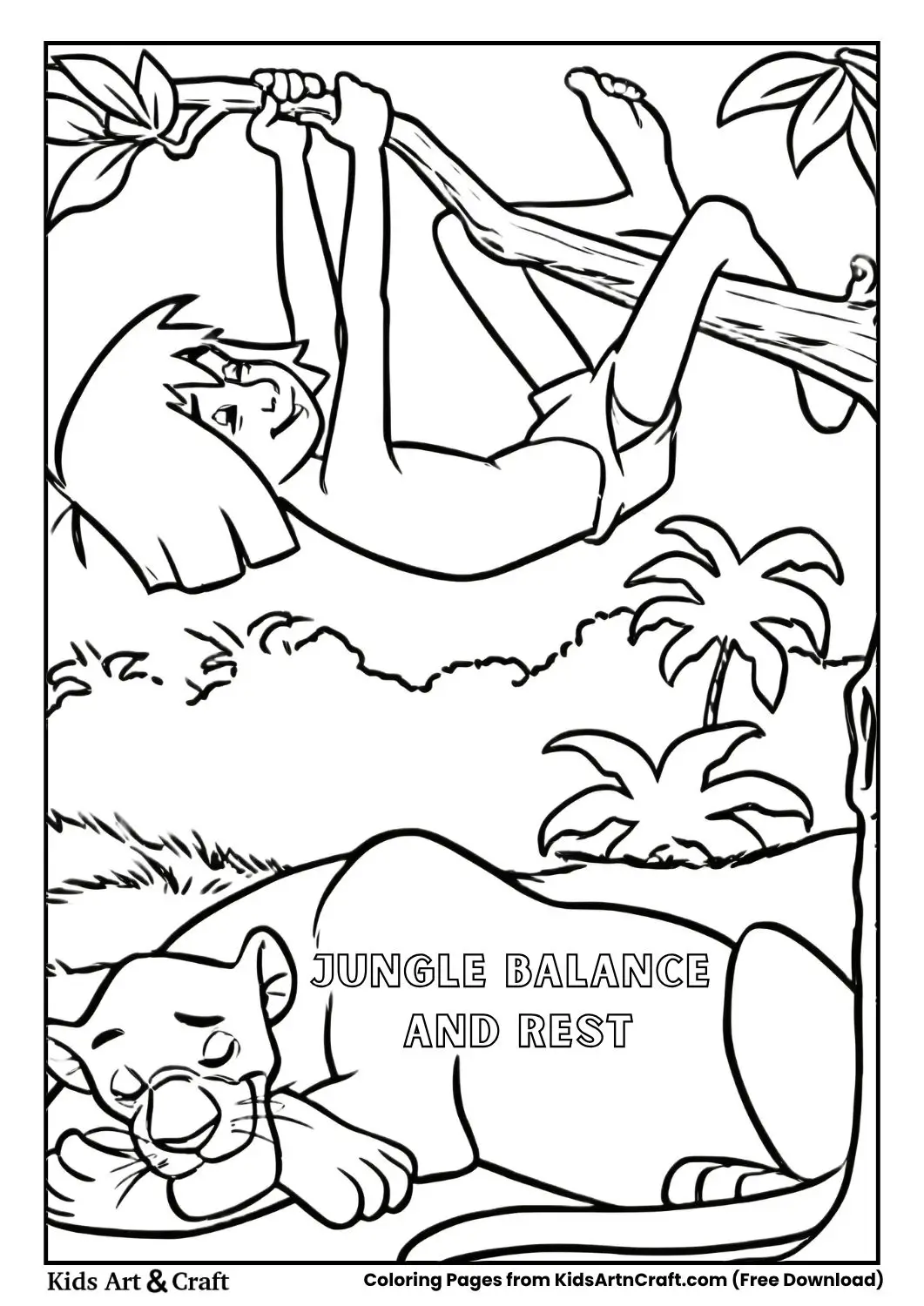 Boy hanging from tree while a panther sleeps below in jungle