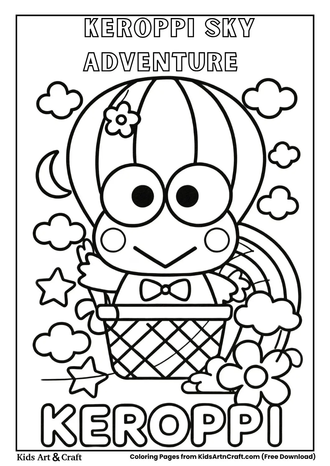 Keroppi riding a decorated hot air balloon with stars and rainbow