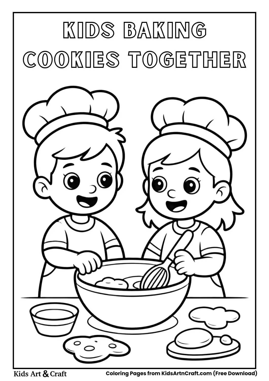 children baking cookies with mixing bowl coloring page