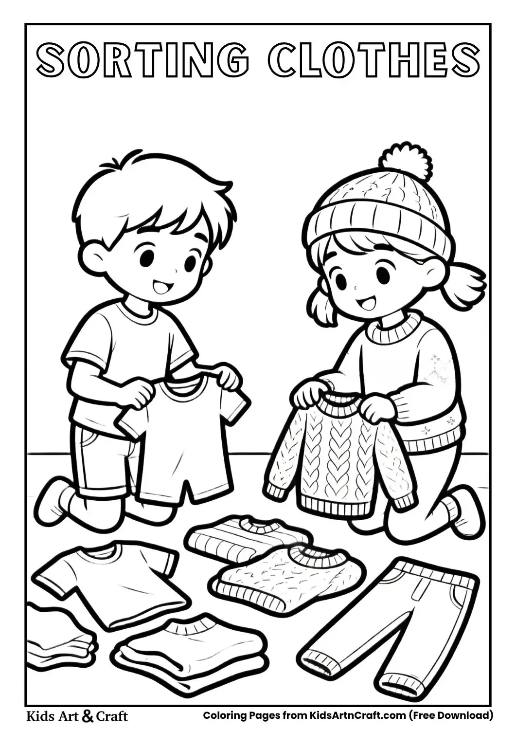 Children sorting summer and winter clothes, black and white coloring page