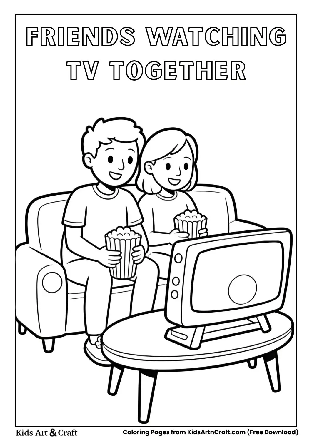 kids watching tv with popcorn coloring page